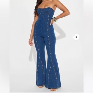 FASHION NOVA Blue Flared Denim Jumpsuit with Gold Accents